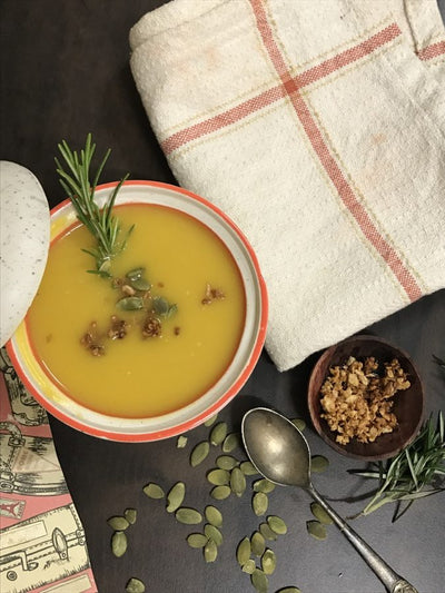 Roasted Rosemary Pumpkin Soup with Fried Garlic