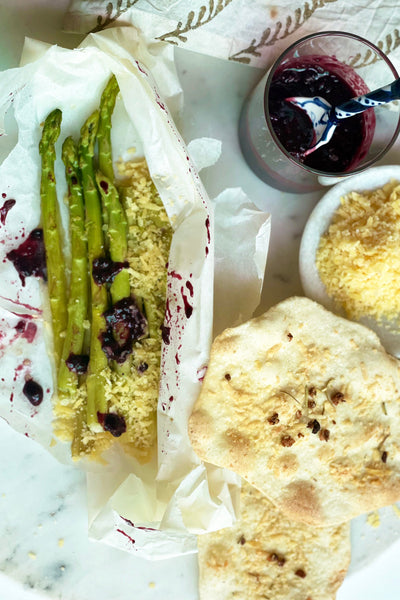 Asparagus al Cartoccio with Blackberry Dijon sauce