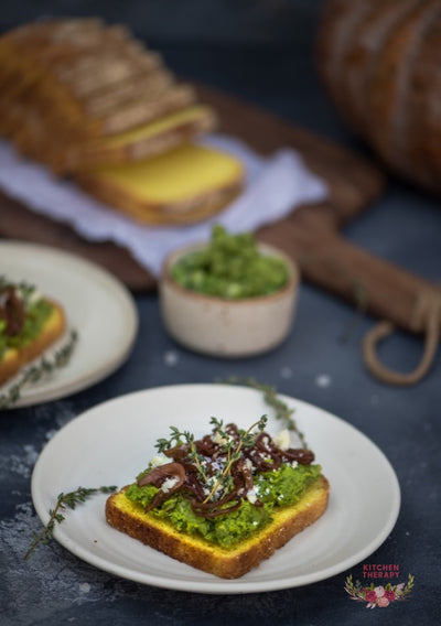 Mushy Peas + Sweet Onions on Pumpkin Bread